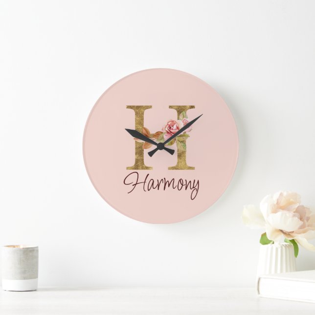 Custom Name Letter H Gold Foil Blush Pink Roses Large Clock (Home)