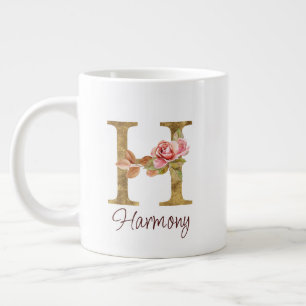 Custom Name Letter H Gold Foil Blush Pink Roses Large Coffee Mug