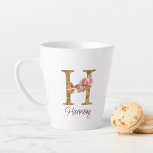 Custom Name Letter H Gold Foil Blush Pink Roses Latte Mug