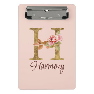 Custom Name Letter H Gold Foil Blush Pink Roses Mini Clipboard