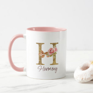 Custom Name Letter H Gold Foil Blush Pink Roses Mug