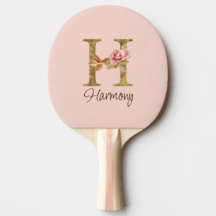 Custom Name Letter H Gold Foil Blush Pink Roses Ping Pong Paddle