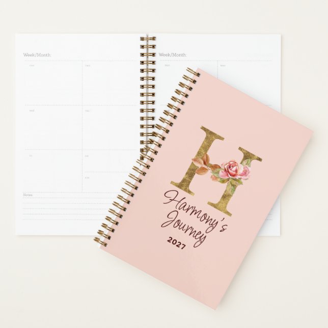 Custom Name Letter H Gold Foil Blush Pink Roses Planner (Display)