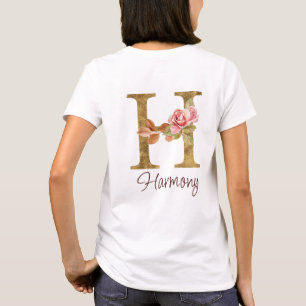 Custom Name Letter H Gold Foil Blush Pink Roses T-Shirt