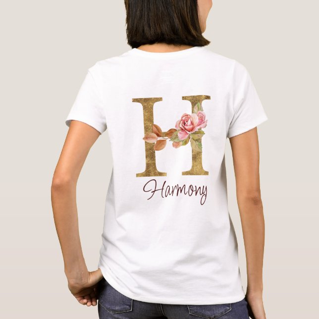 Custom Name Letter H Gold Foil Blush Pink Roses T-Shirt (Back)