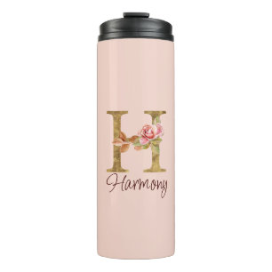 Custom Name Letter H Gold Foil Blush Pink Roses Thermal Tumbler