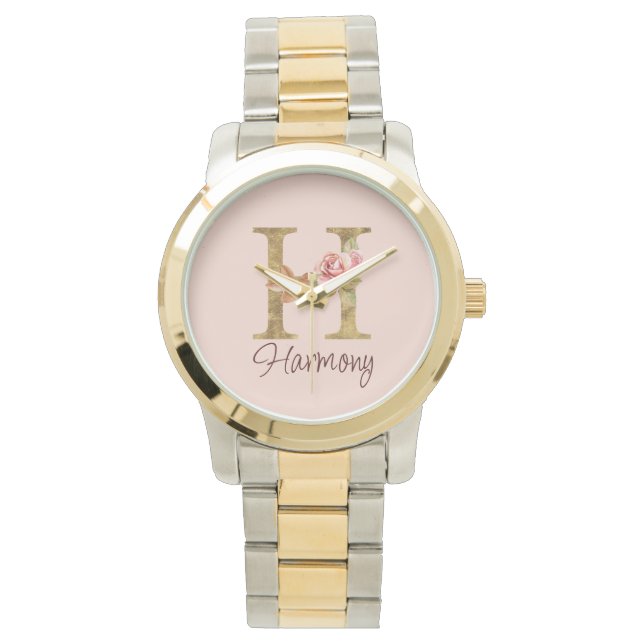 Custom Name Letter H Gold Foil Blush Pink Roses Watch (Front)