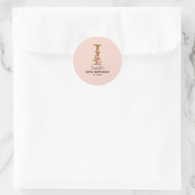 Custom Name Letter I Gold Blush Pink Roses Classic Round Sticker (Bag)