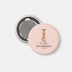 Custom Name Letter I Gold Blush Pink Roses Magnet