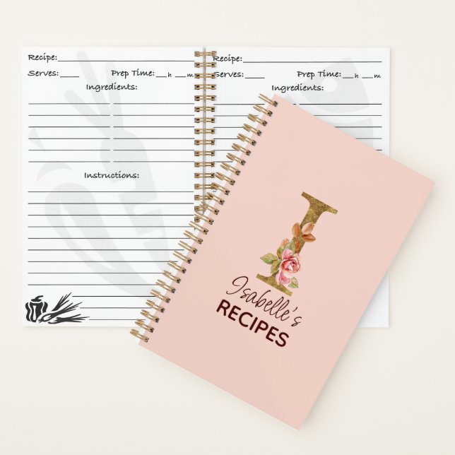 Custom Name Letter I Gold Blush Pink Roses Recipe Notebook (Inside)
