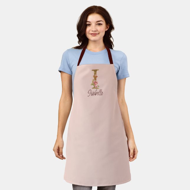 Custom Name Letter I Gold Foil Blush Pink Roses Apron (Worn)
