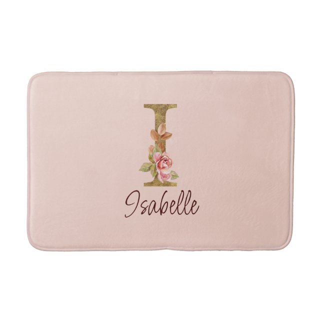 Custom Name Letter I Gold Foil Blush Pink Roses Bath Mat (Front)