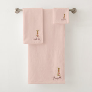 Custom Name Letter I Gold Foil Blush Pink Roses Bath Towel Set