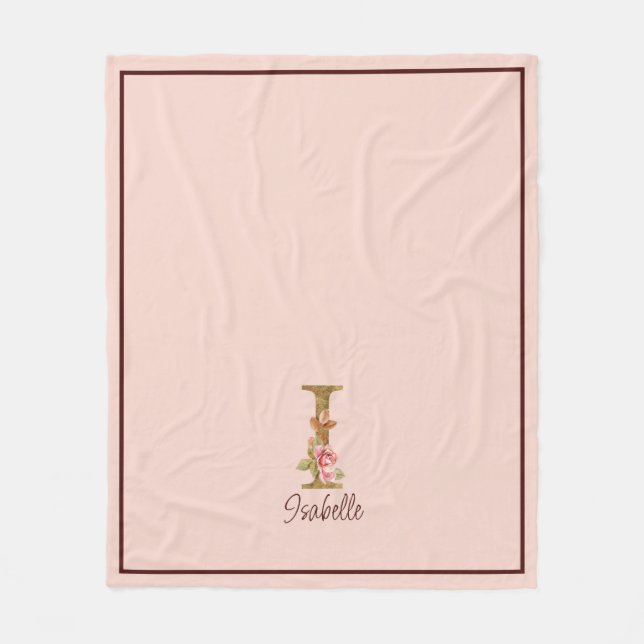 Custom Name Letter I Gold Foil Blush Pink Roses Fleece Blanket (Front)