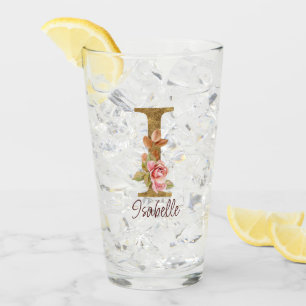 Custom Name Letter I Gold Foil Blush Pink Roses Glass