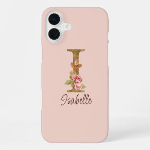 Custom Name Letter I Gold Foil Blush Pink Roses iPhone 16 Plus Case