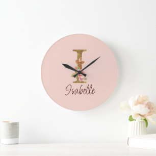 Custom Name Letter I Gold Foil Blush Pink Roses Large Clock