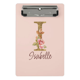 Custom Name Letter I Gold Foil Blush Pink Roses Mini Clipboard