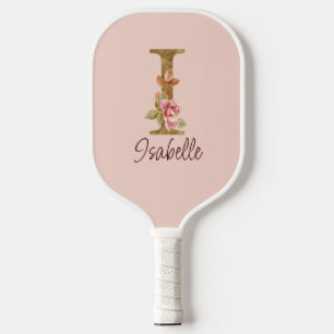 Custom Name Letter I Gold Foil Blush Pink Roses Pickleball Paddle