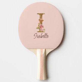 Custom Name Letter I Gold Foil Blush Pink Roses Ping Pong Paddle