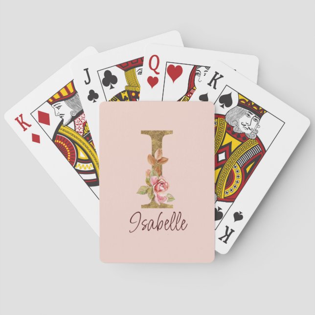 Custom Name Letter I Gold Foil Blush Pink Roses Playing Cards (Back)