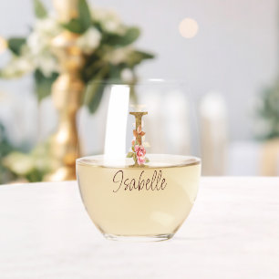 Custom Name Letter I Gold Foil Blush Pink Roses Stemless Wine Glass
