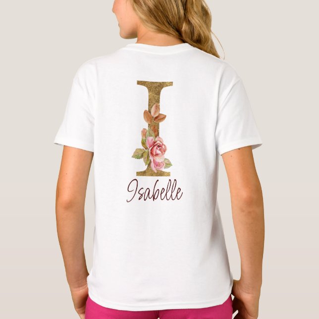 Custom Name Letter I Gold Foil Blush Pink Roses T-Shirt (Back)