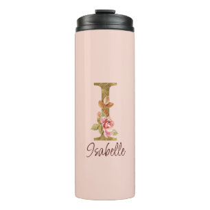Custom Name Letter I Gold Foil Blush Pink Roses Thermal Tumbler