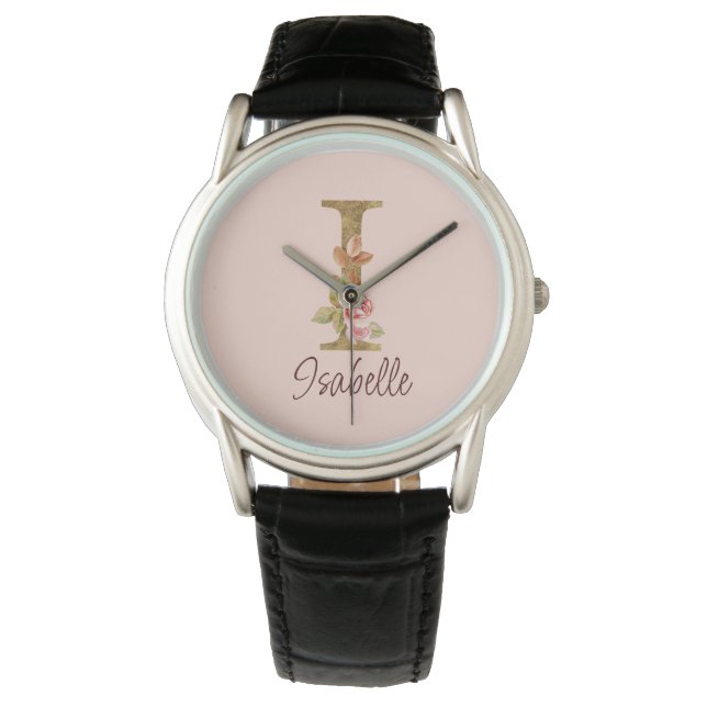 Custom Name Letter I Gold Foil Blush Pink Roses Watch (Front)