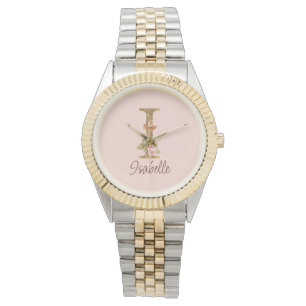 Custom Name Letter I Gold Foil Blush Pink Roses Watch