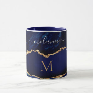 Custom Name Letter Mug Agate Navy Blue Gold Marble