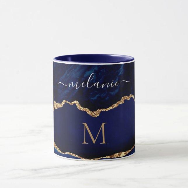 Custom Name Letter Mug Agate Navy Blue Gold Marble (Center)