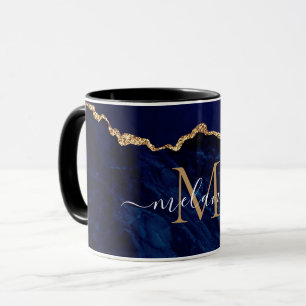 Custom Name Letter Mug Agate Navy Blue Gold Marble
