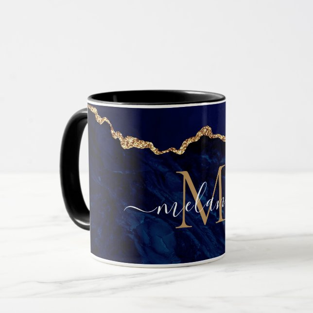 Custom Name Letter Mug Agate Navy Blue Gold Marble (Front Left)