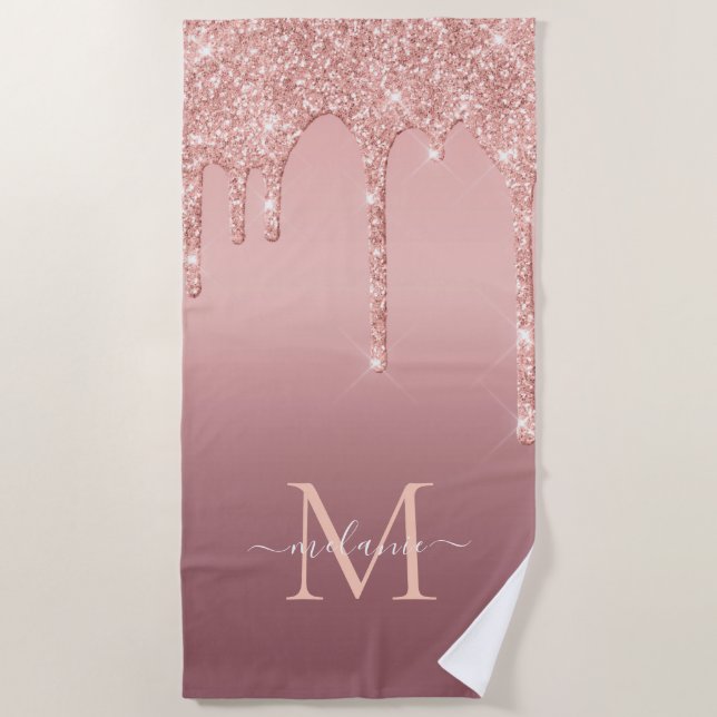 Custom Name Letter Rose Gold Glitter Beach Towel (Front)