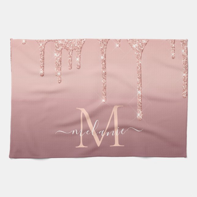 Custom Name Letter Rose Gold Glitter Kitchen Towel (Horizontal)
