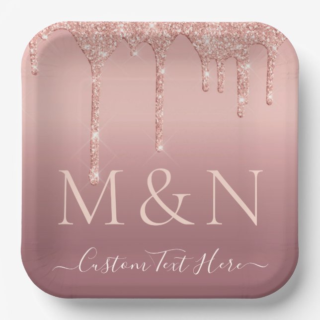 Custom Name Letters Rose Gold Wedding Paper Plates (Front)