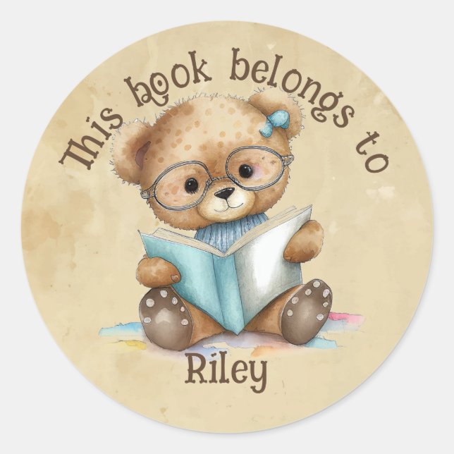 Custom Name Librarian Library Books Teddy Bear Classic Round Sticker (Front)