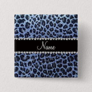 Custom name light blue glitter leopard print 15 cm square badge
