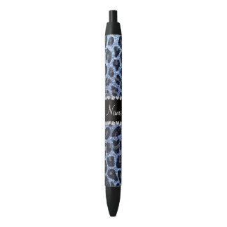 Custom name light blue glitter leopard print black ink pen