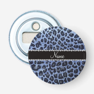 Custom name light blue glitter leopard print bottle opener