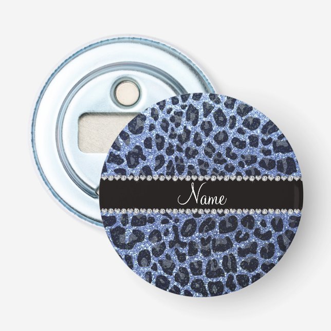 Custom name light blue glitter leopard print bottle opener (Front)