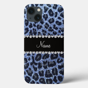 Custom name light blue glitter leopard print iPhone 13 case