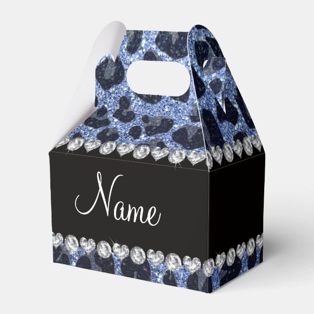 Custom name light blue glitter leopard print favour box (Front Side)