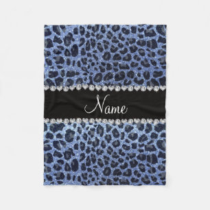Custom name light blue glitter leopard print fleece blanket