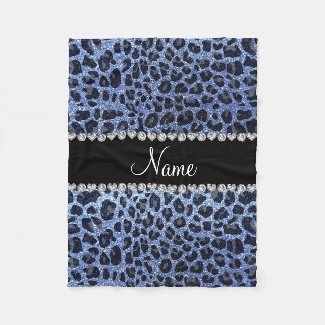 Custom name light blue glitter leopard print fleece blanket (Front)