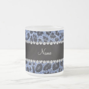 Custom name light blue glitter leopard print frosted glass coffee mug