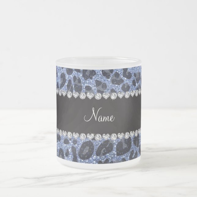 Custom name light blue glitter leopard print frosted glass coffee mug (Center)