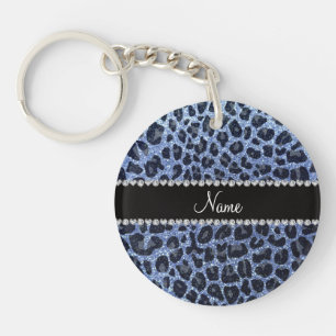 Custom name light blue glitter leopard print key ring