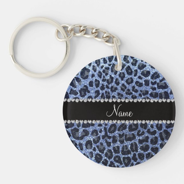 Custom name light blue glitter leopard print key ring (Front)